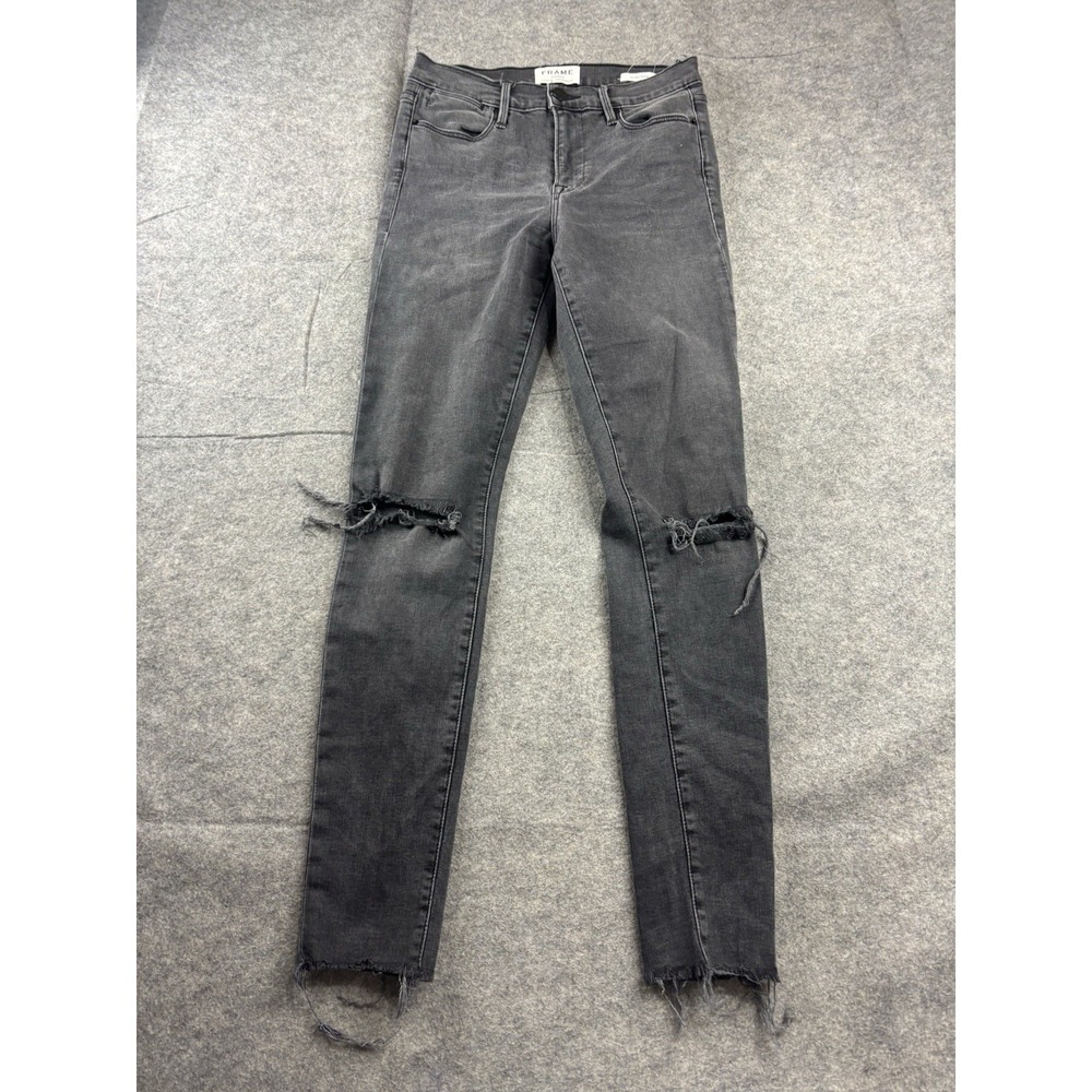 Frame Jeans Women's 27 Distressed Le High Skinny Denim Black Stretch Raw Hem